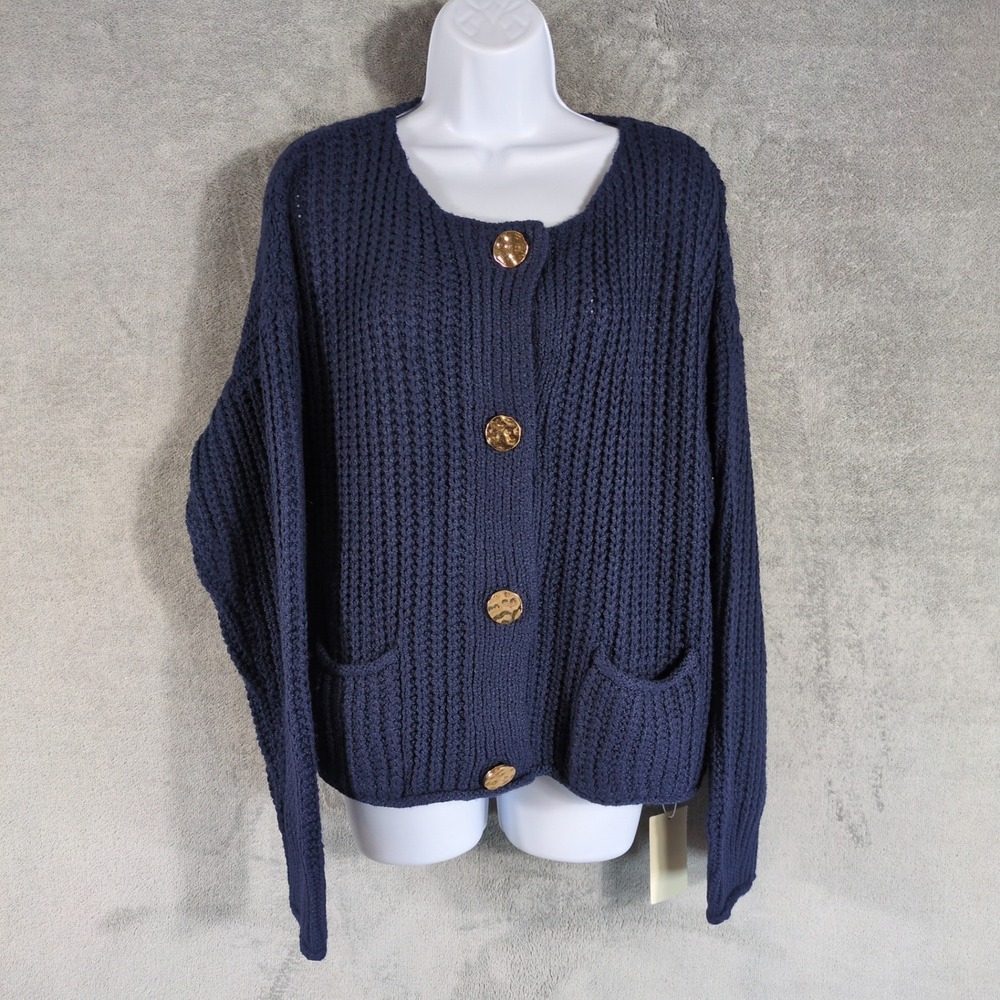 NWT Halara Navy Blue Chunky Ribbed Cardigan Gold Hammered Buttons Womens Large